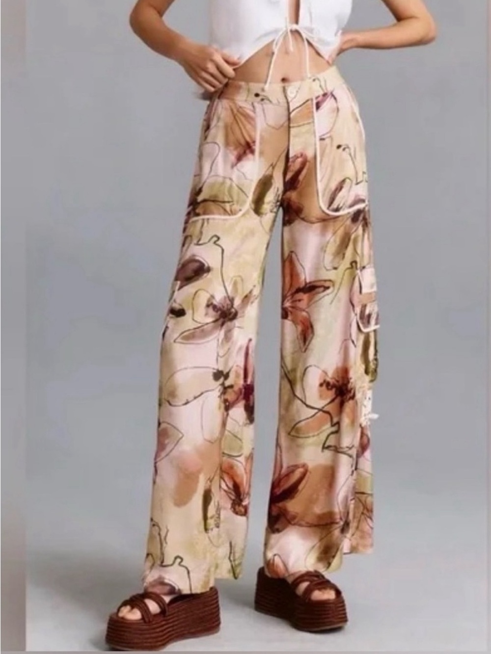Anthropologie Multicolor Floral Flowy Boho Wide Leg Utility style Pants size 12